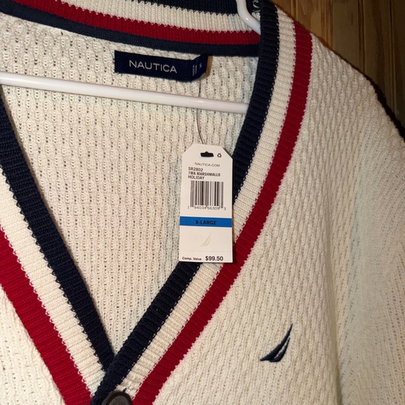Nautica Men's Cream Cardigan with Red and Blue Trim - Picture 3 of 7